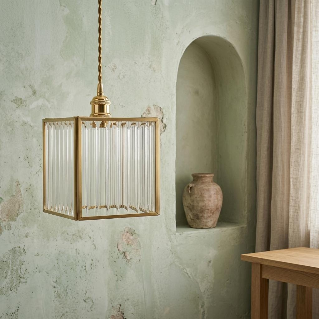 Square Ribbed Glass Pendant Light, Brass Tone Art Deco Hanging Lamp