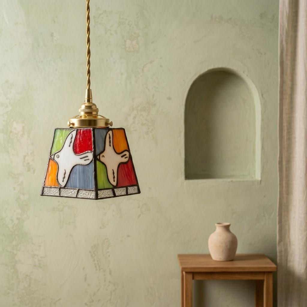 Handmade Stained Glass Pendant Light, White Bird Hanging Lamp, Colorful Boho Fixture