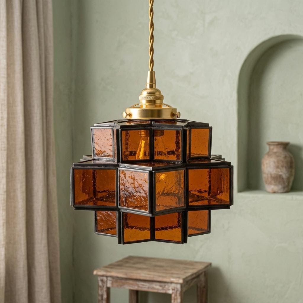 Amber Geometric Stained Glass Pendant Light, Tiered Cube Hanging Lamp