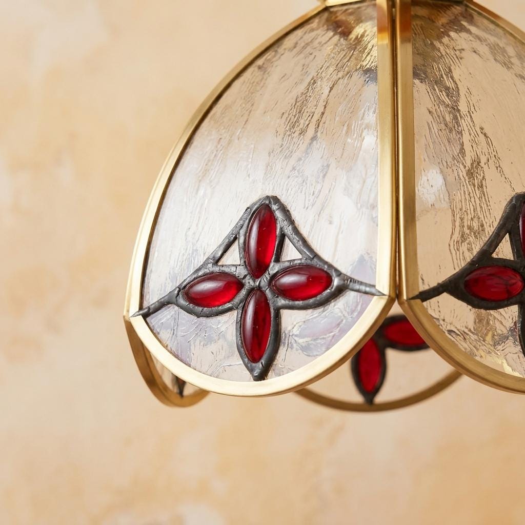 Stained Glass Tulip Pendant Light Shade, Amber Red Floral Lampshade, Vintage Cottagecore Lighting Decor