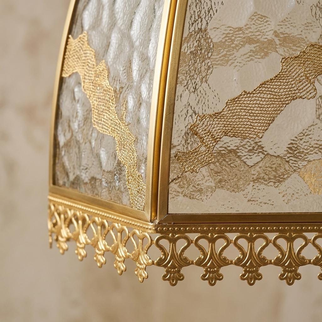 Clear Textured Glass Dome Pendant Light, Gold Tone Victorian Hanging Lamp