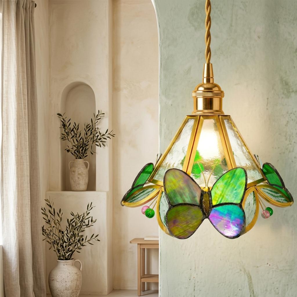 Handmade Butterfly Stained Glass Pendant Light, Green Botanical Art Nouveau Lampshade