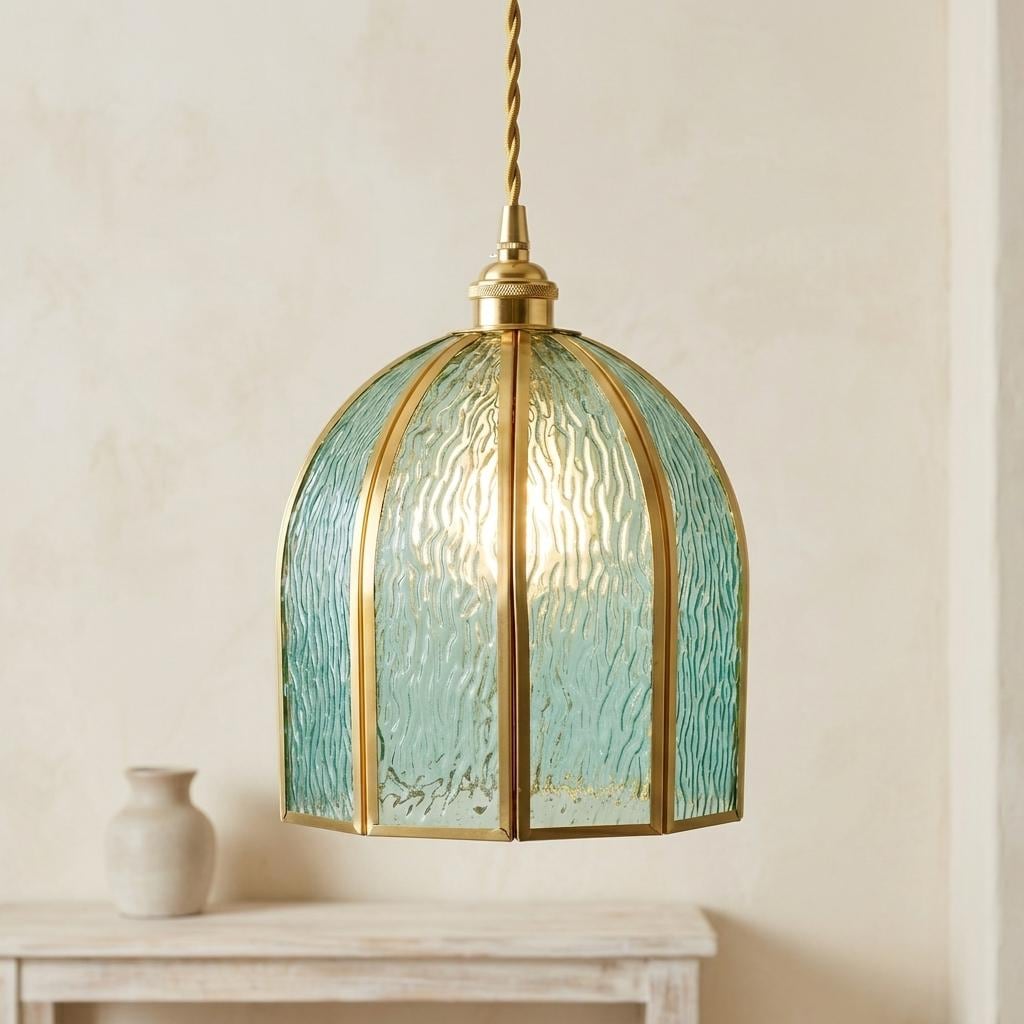 Aqua Blue Stained Glass Pendant Light, Vintage Brass Frame Hanging Lamp