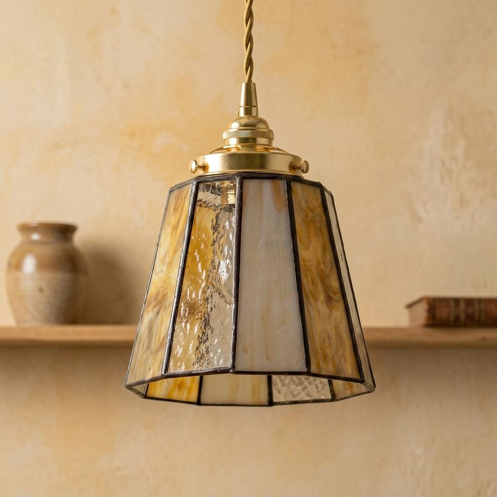 Amber Ivory Stained Glass Pendant Light, Small Tiffany Style Hanging Lamp, Warm Vintage Boho Ceiling Light