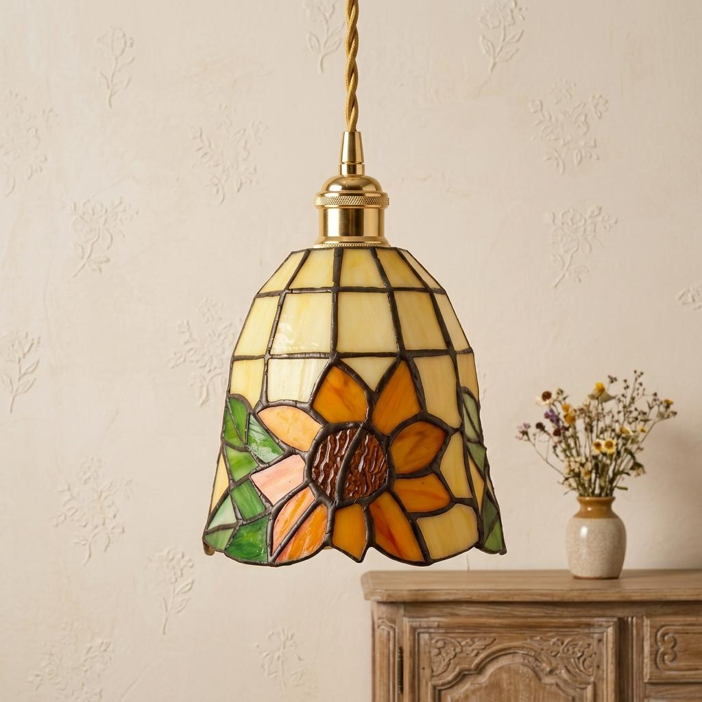 Sunflower Stained Glass Pendant Light, Yellow Orange Tiffany Style Hanging Lamp, Small Floral Ceiling Light, Cottage Kitchen Decor