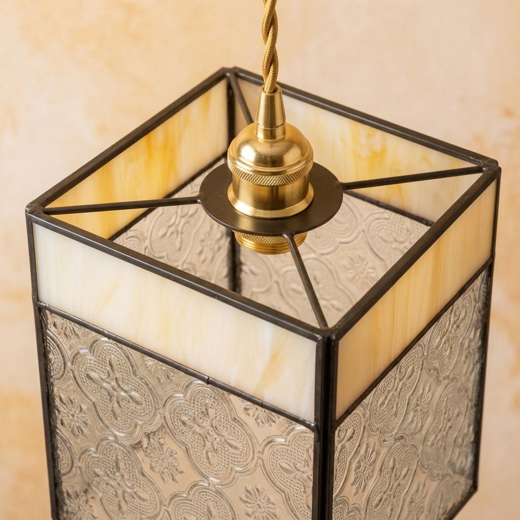 Square Amber Stained Glass Pendant Light, Vintage Decorative Hanging Lamp