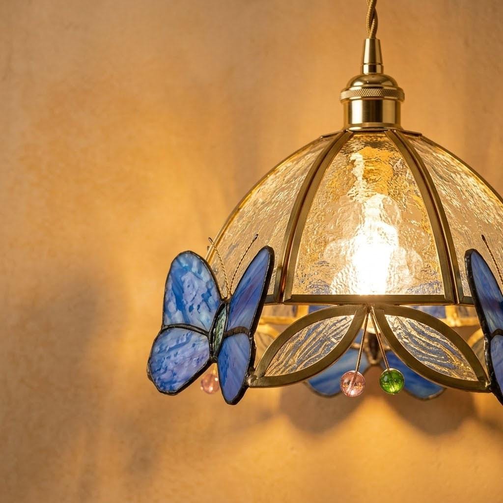 Handmade Butterfly Pendant Light, Stained Glass Hanging Lamp, Blue Butterfly Ceiling Light, Tiffany Style Art Glass Lamp