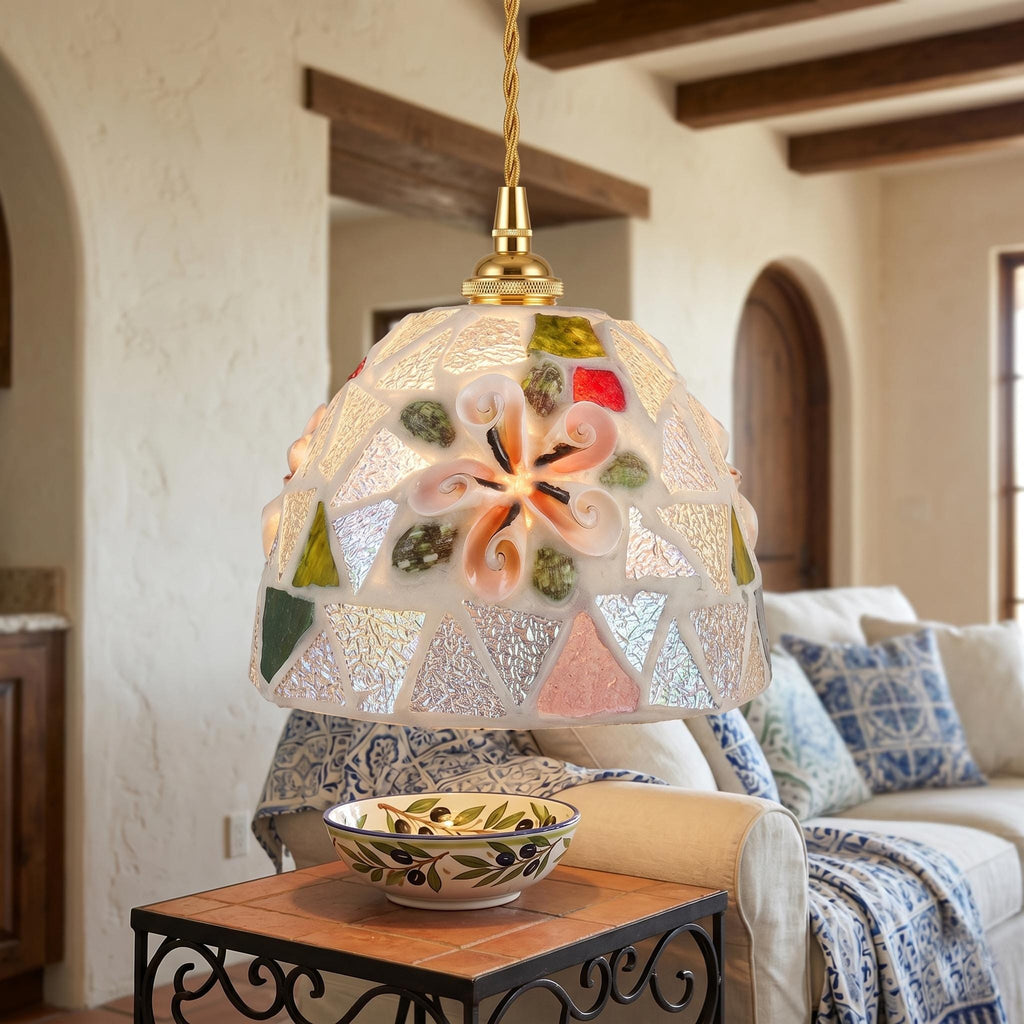 Handmade Coastal Mosaic Glass Pendant Light , Seashell Flower Art Lamp, Beach House Decor
