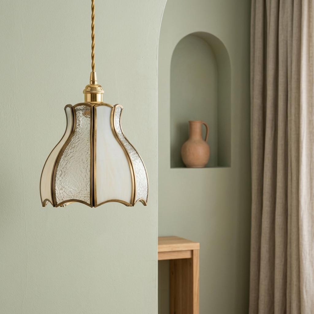 White Textured Glass Tulip Pendant Light, Vintage Brass Tone Ceiling Fixture