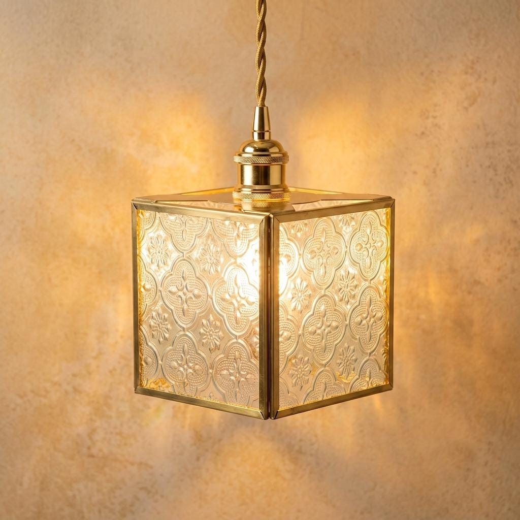 Square Embossed Glass Pendant Light, Brass Tone Cube Hanging Lamp