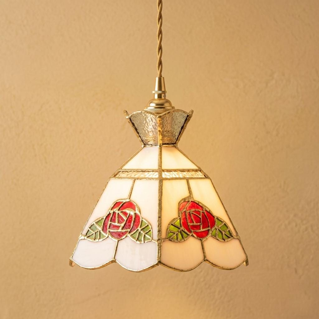 Stained Glass Lamp Shade, Rose Tiffany Style Shade, Cream Floral Replacement Shade, Vintage Pendant Light Cover, Handmade Glass Decor
