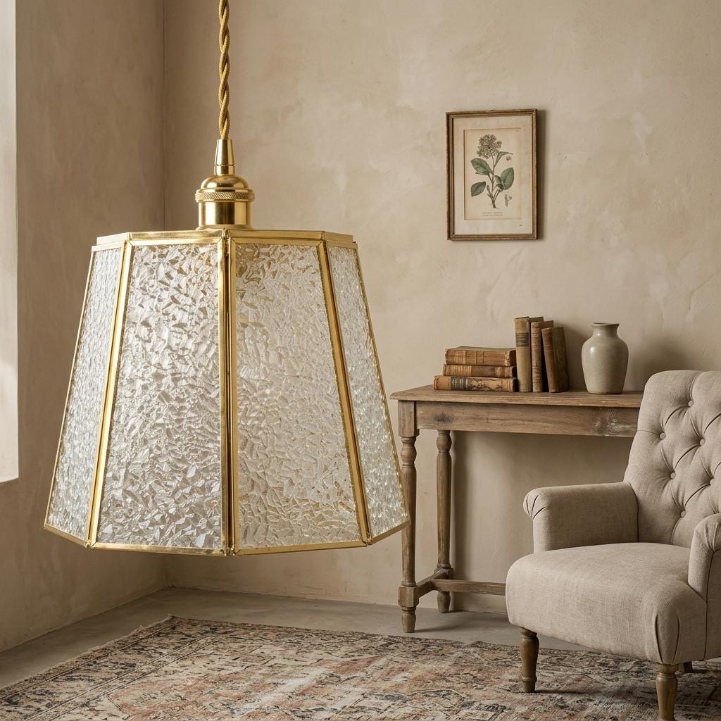 Textured Glass Pendant Light, Brass Tone Art Deco Hanging Lamp