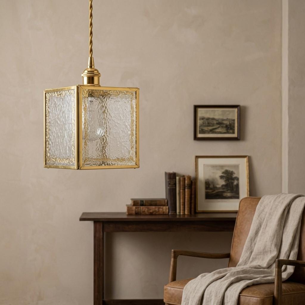 Textured Glass Pendant Light, Square Brass Frame Hanging Lamp, Vintage Kitchen Island Light (10cm)