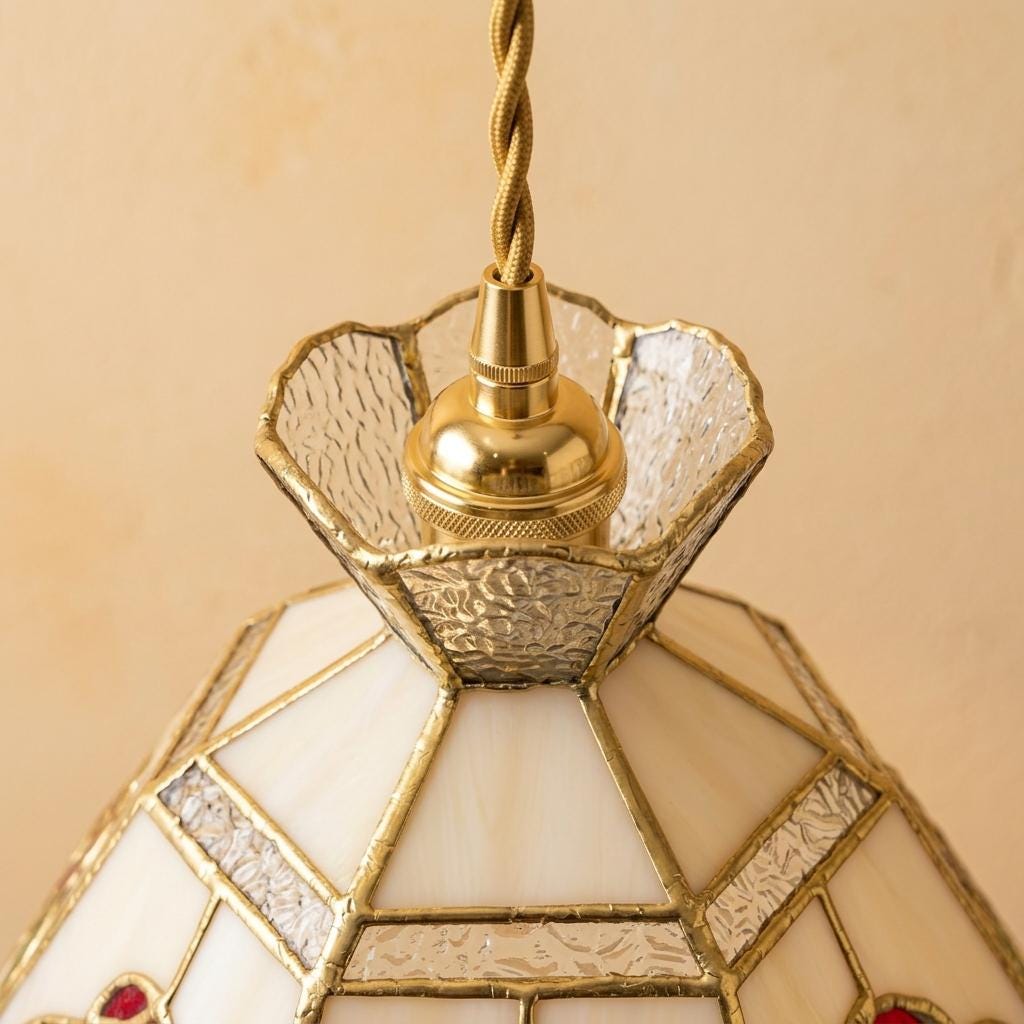 Stained Glass Lamp Shade, Rose Tiffany Style Shade, Cream Floral Replacement Shade, Vintage Pendant Light Cover, Handmade Glass Decor