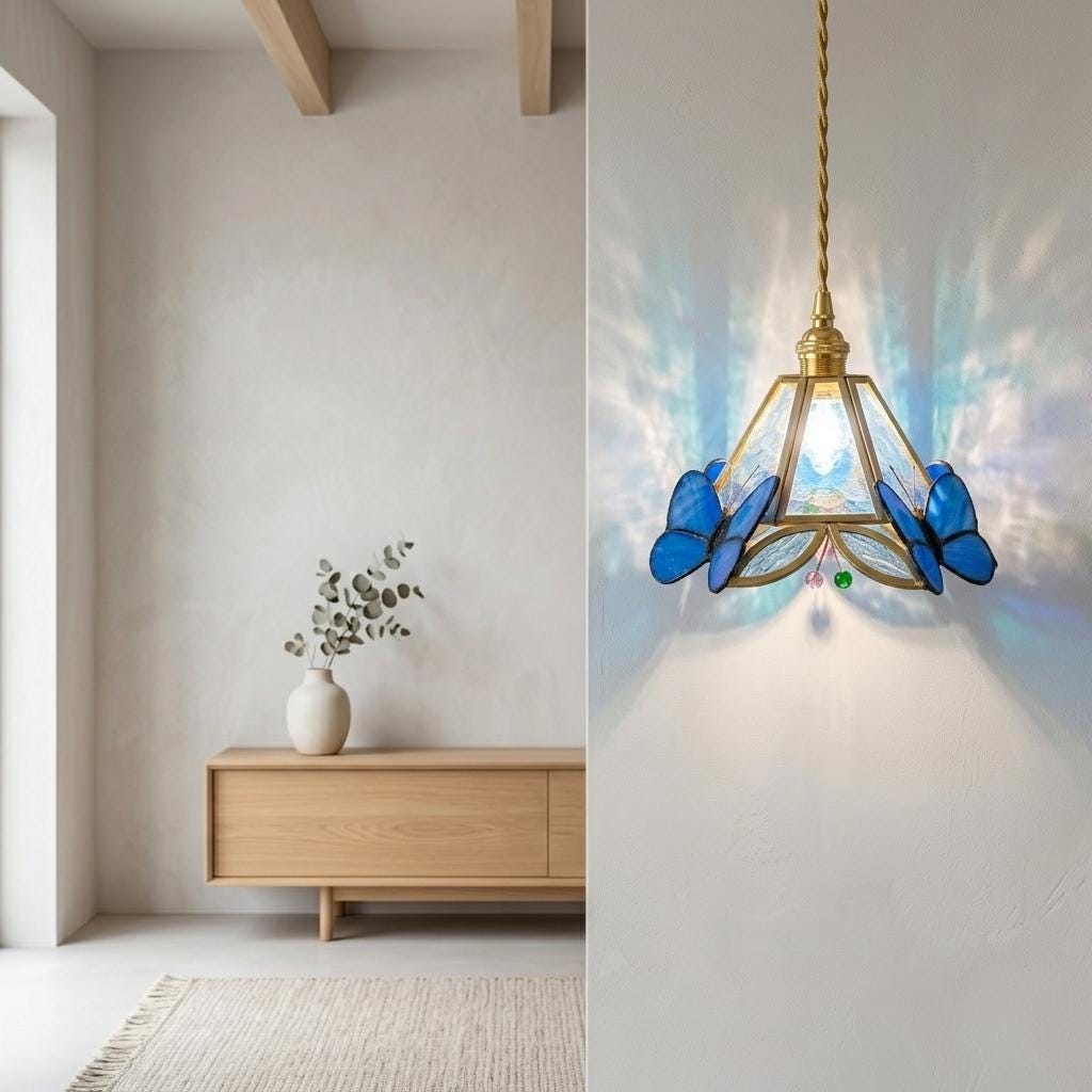 Handmade Stained Glass Butterfly Pendant Light, Blue Butterfly Hanging Lamp, Tiffany Style Glass Lamp Shade, Cottagecore Nature Light Decor