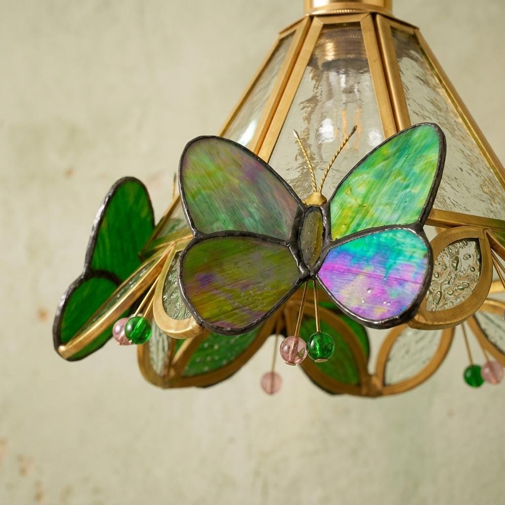 Handmade Butterfly Stained Glass Pendant Light, Green Botanical Art Nouveau Lampshade