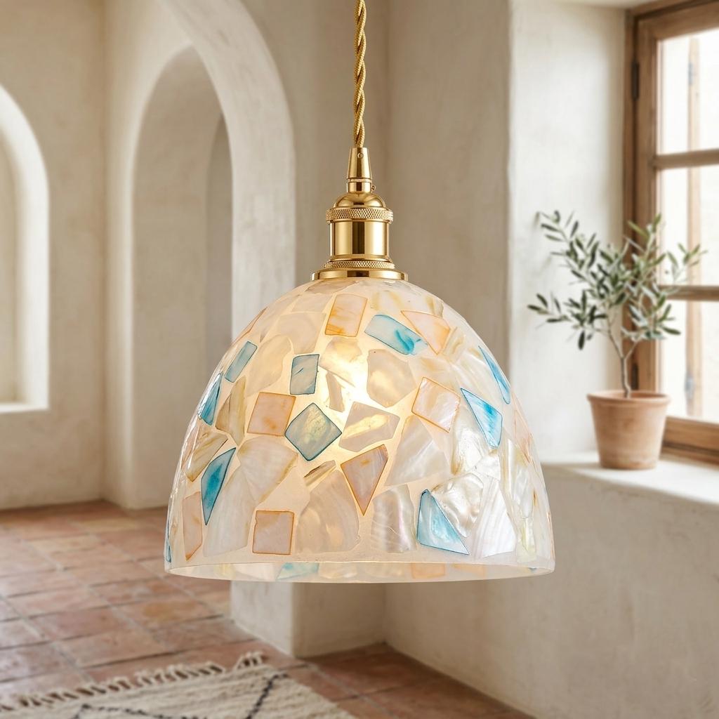Mosaic Shell Table Pendant Light , Coastal Dome Decor, Capiz Pearl Replacement Lamp