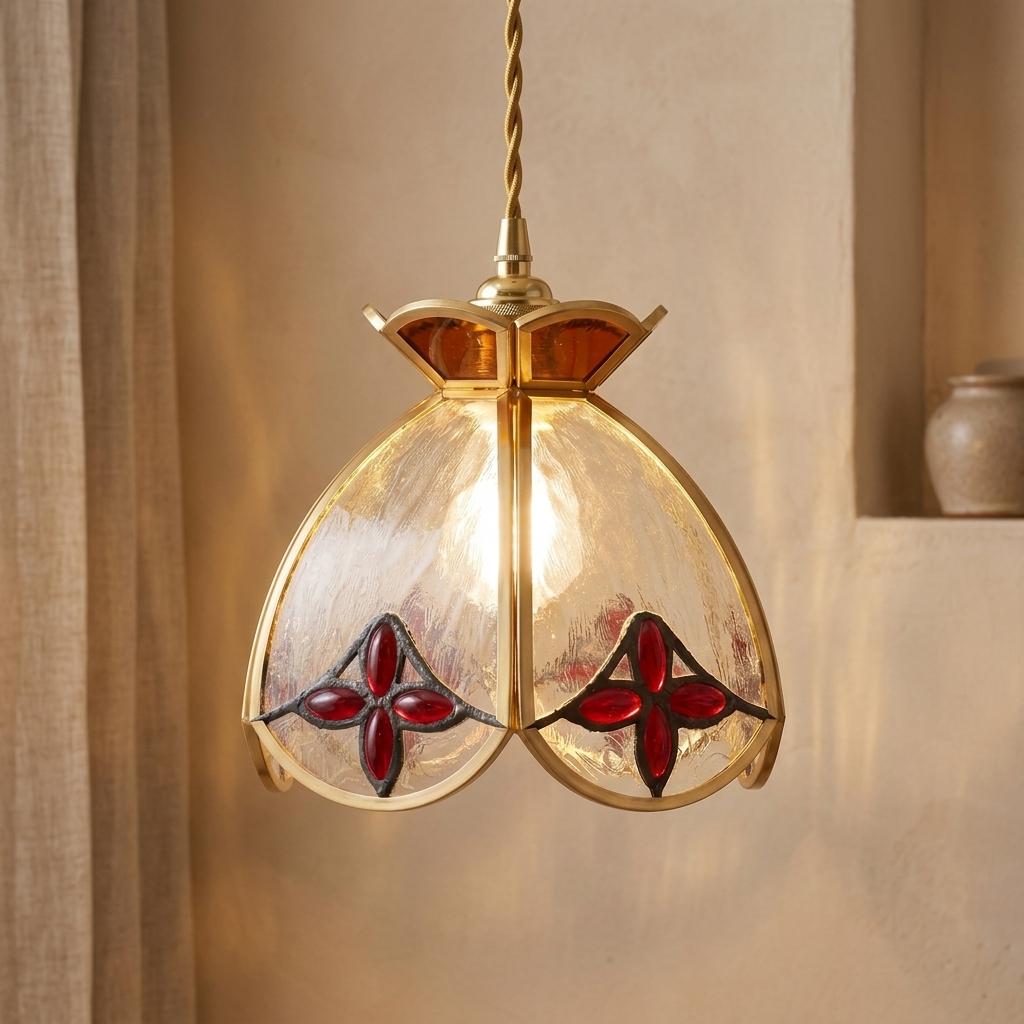 Stained Glass Tulip Pendant Light Shade, Amber Red Floral Lampshade, Vintage Cottagecore Lighting Decor