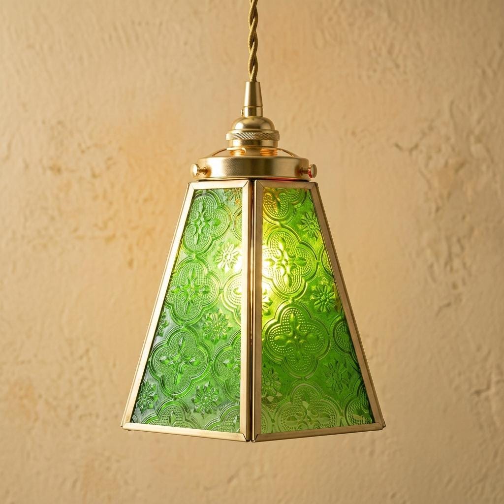 Green Embossed Glass Pendant Light, Vintage Floral Hanging Lamp, Entryway Fixture