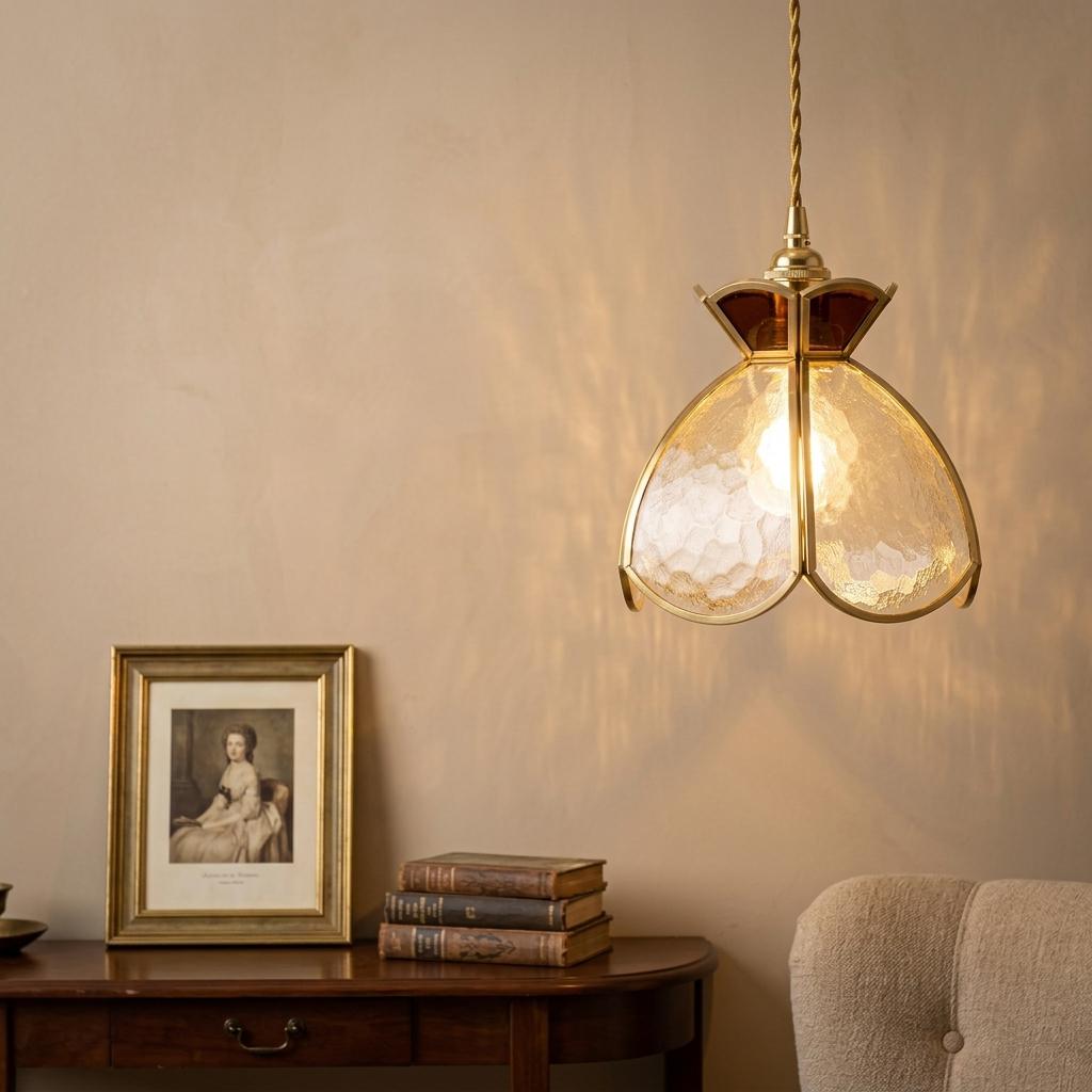 Handmade Butterfly Stained Glass Pendant Light, Amber Brass Hanging Lamp