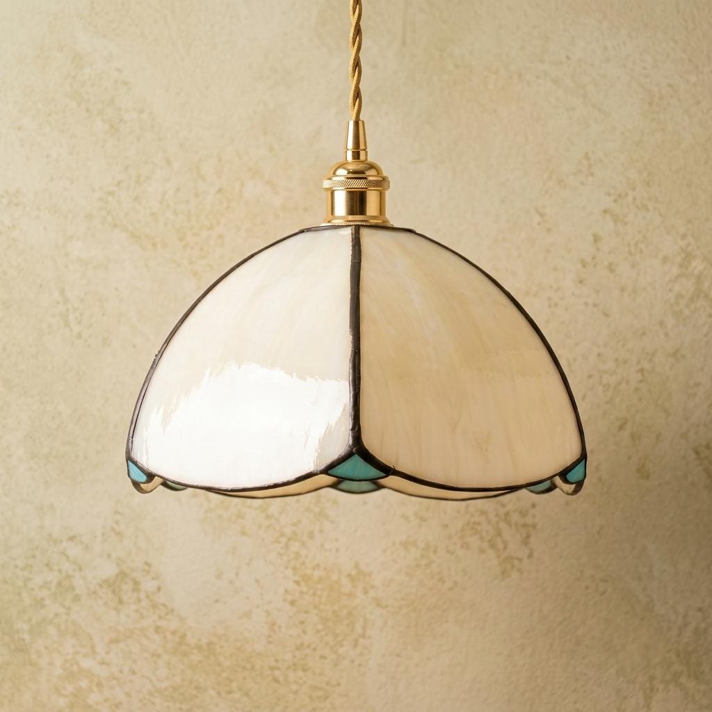 Stained Glass Pendant Light, Cream Scalloped Flower Hanging Lamp, Small Tiffany Style Ceiling Fixture, Cottagecore Decor