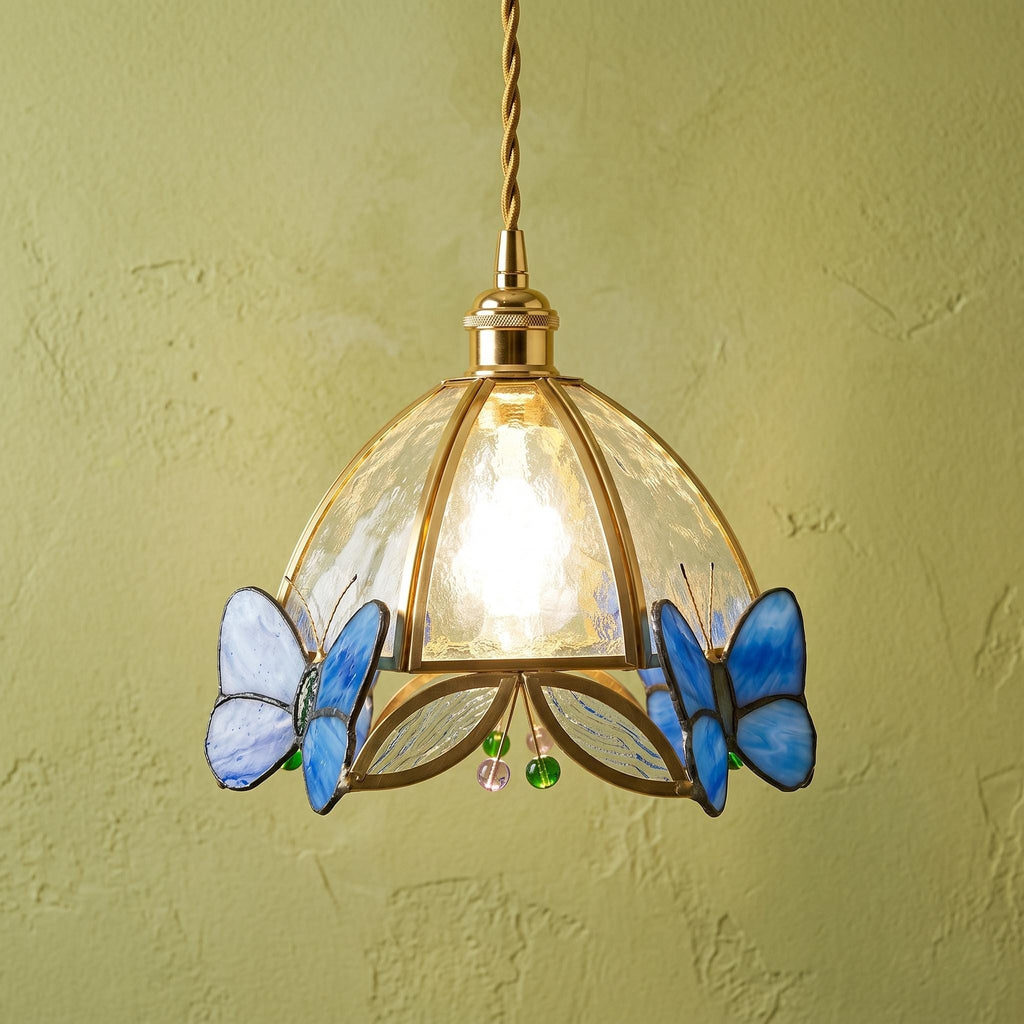 Handmade Butterfly Pendant Light, Stained Glass Hanging Lamp, Blue Butterfly Ceiling Light, Tiffany Style Art Glass Lamp