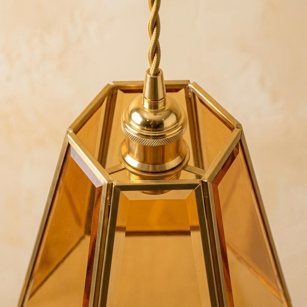 Amber Geometric Glass Pendant Light, Faceted Art Deco Hanging Lamp