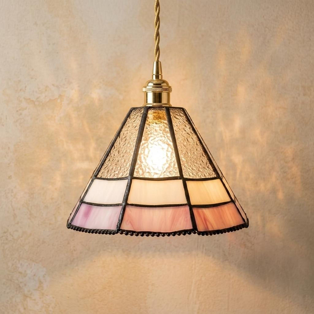 Pink Stained Glass Pendant Light, Small Tiffany Style Hanging Lamp, Blush Cream Glass Ceiling Light, Cottagecore Bedroom Lighting