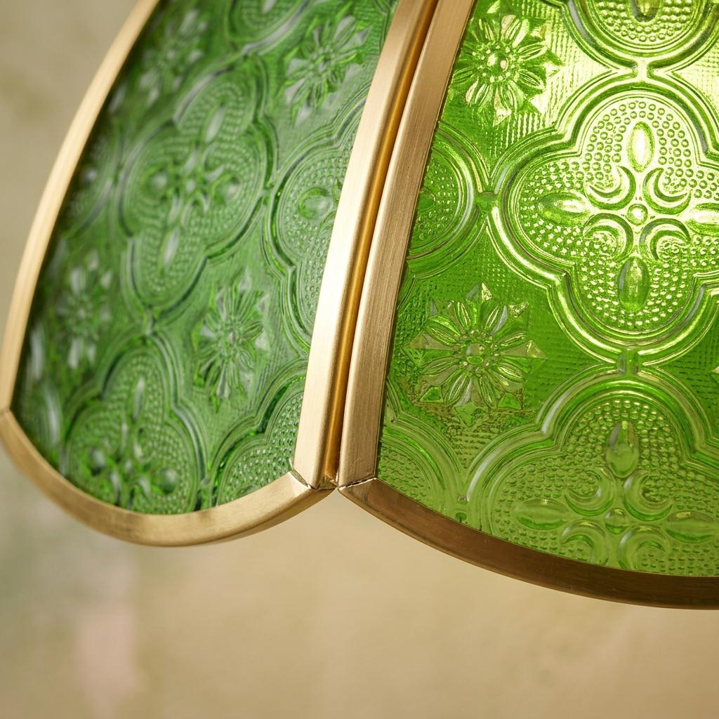 Green Textured Glass Pendant Light, Floral Dome Hanging Lamp, Brass Tone Fixture