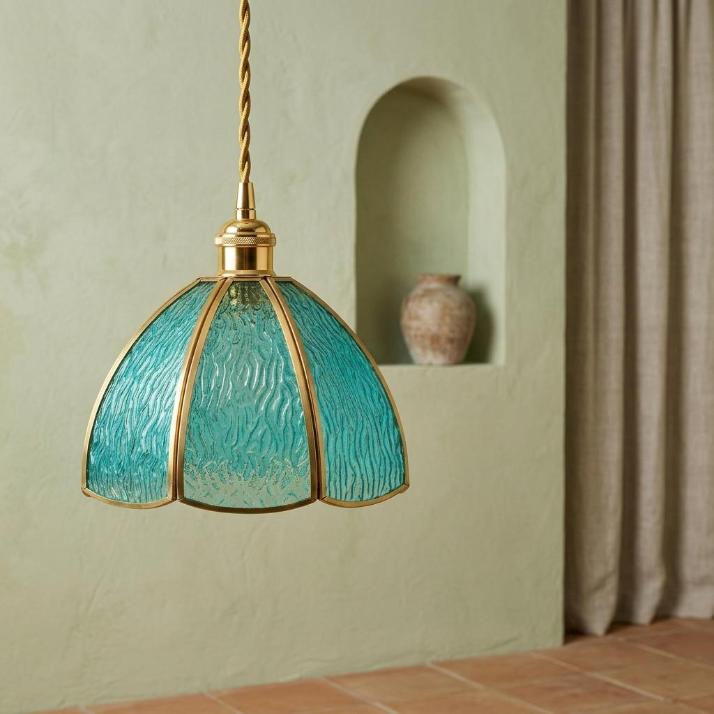 Aqua Blue Textured Glass Dome Pendant Light, Vintage Coastal Brass Fixture