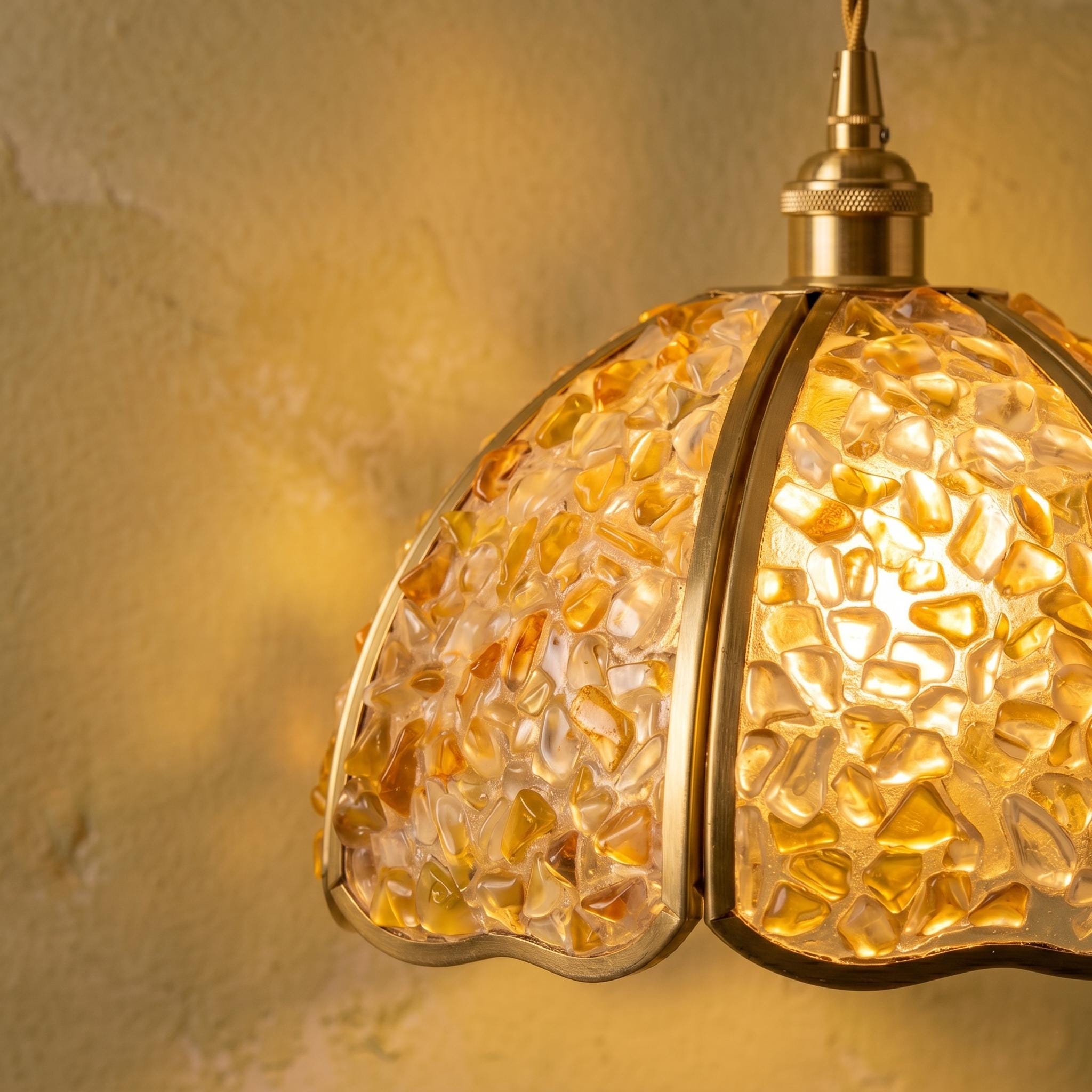 Handmade Amber Agate Mosaic Pendant Light , Scalloped Art Glass Lighting, Cottage Decor Lamp