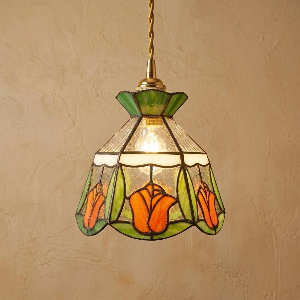 Handmade Stained Glass Tulip Pendant Light, Tiffany Style Floral Hanging Lamp, Orange Green Flower Ceiling Light, Kitchen Island Lamp
