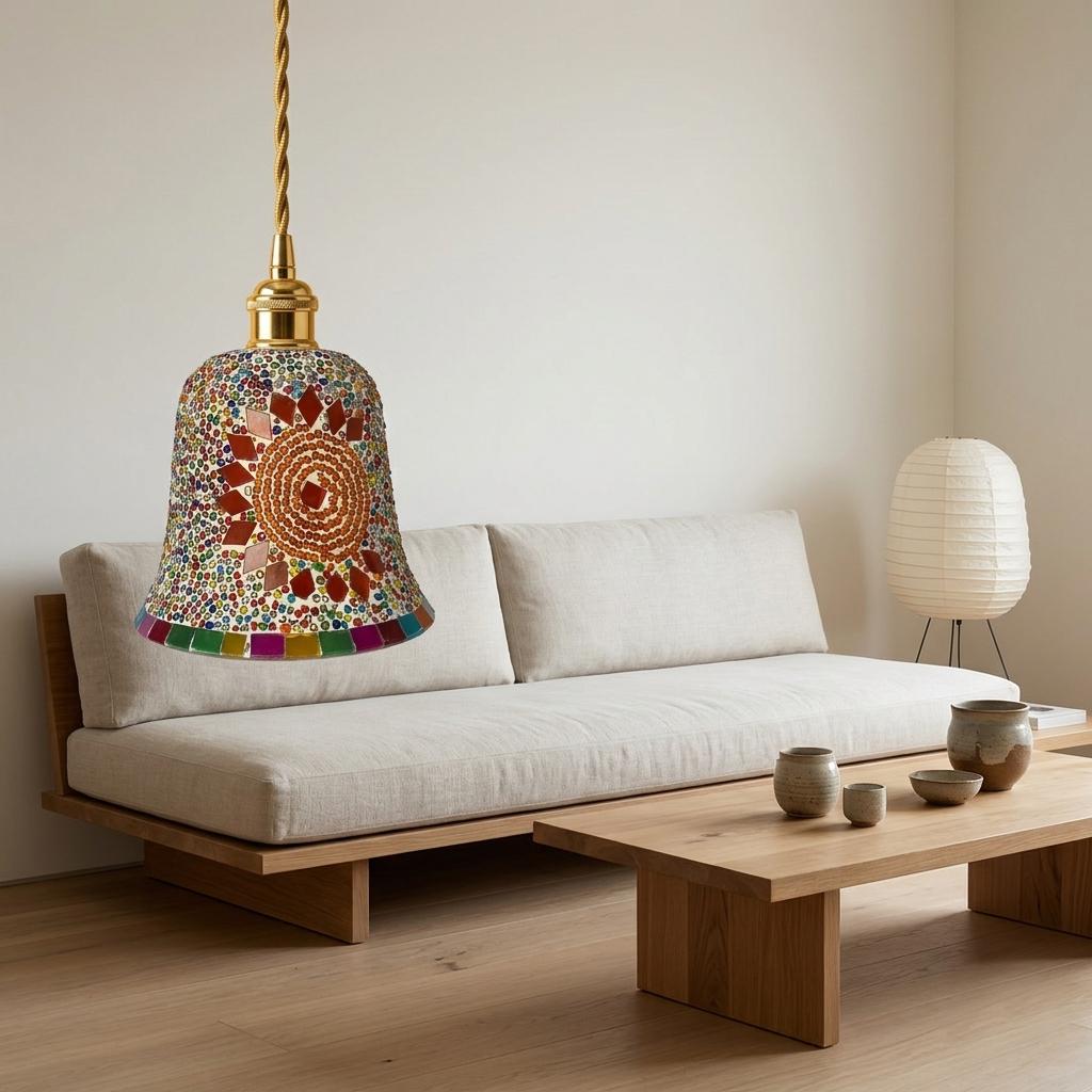 Handmade Mosaic Glass Pendant Light, Sunburst Mandala Boho Ceiling Lamp