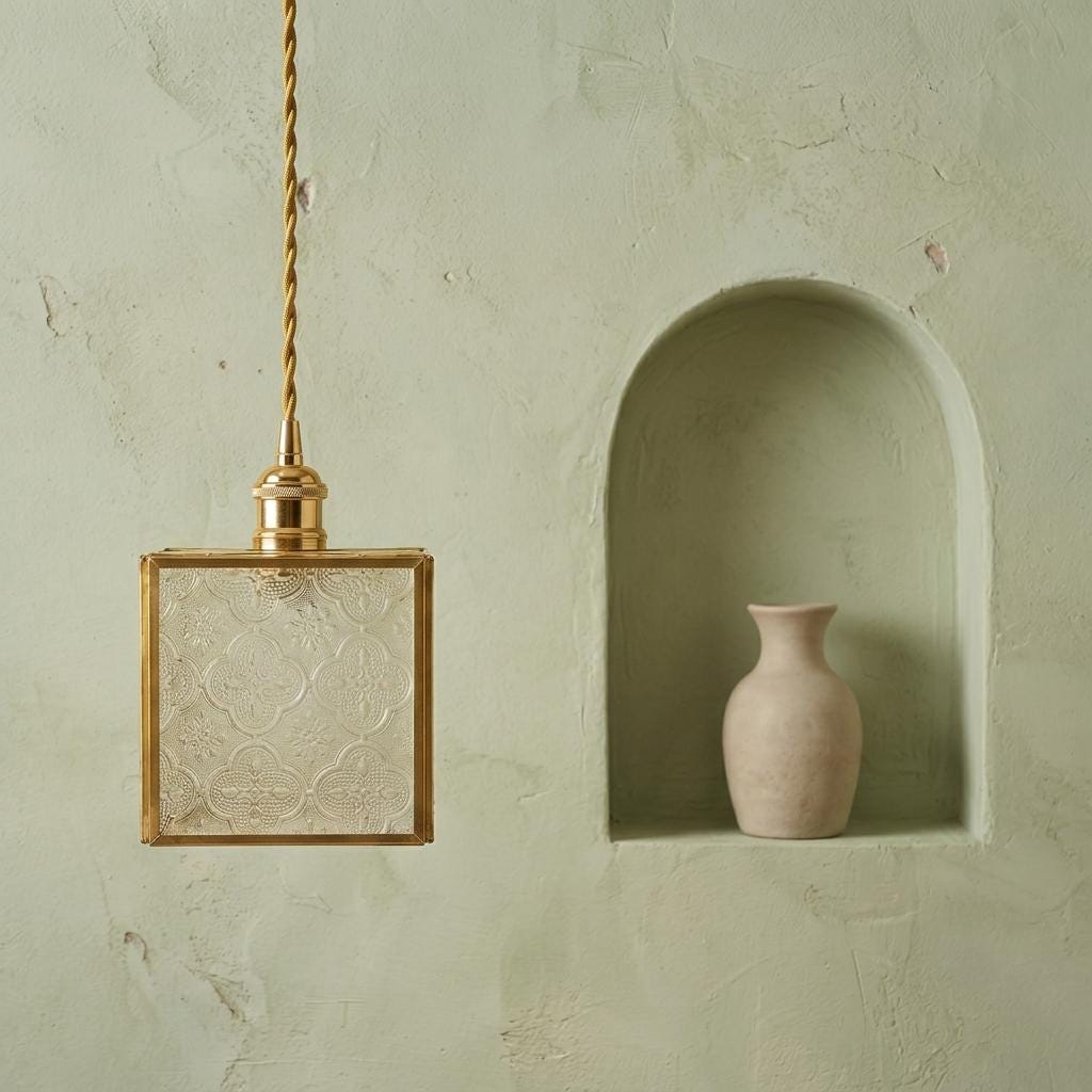 Small Square Embossed Glass Pendant Light, Vintage Brass Hanging Lamp, Boho Artisan Fixture