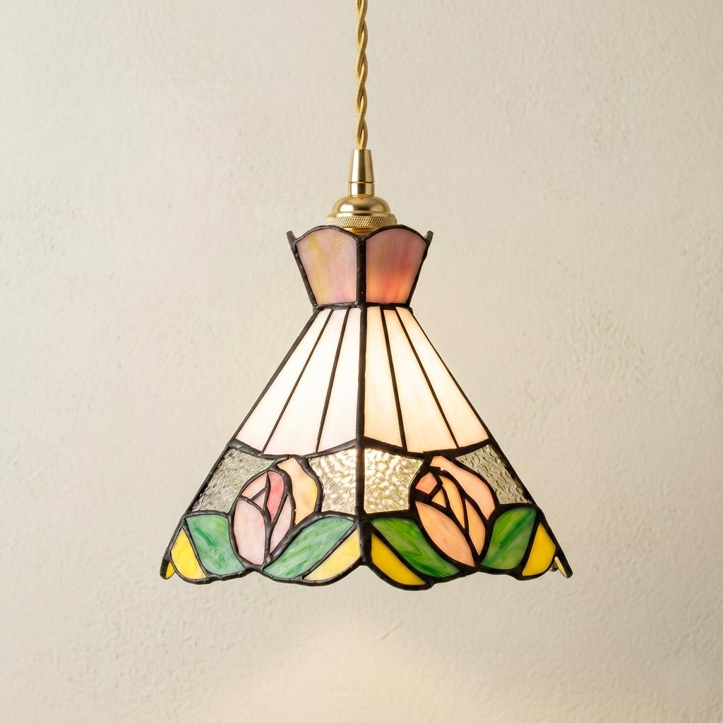 Pink Rose Stained Glass Floral Cottagecore Pendant Light by AuroraeGlass