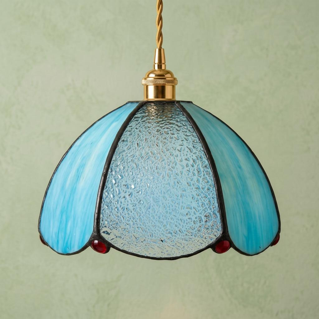 Aqua Blue Stained Glass Dome Pendant Light, Art Nouveau Ceiling Lamp