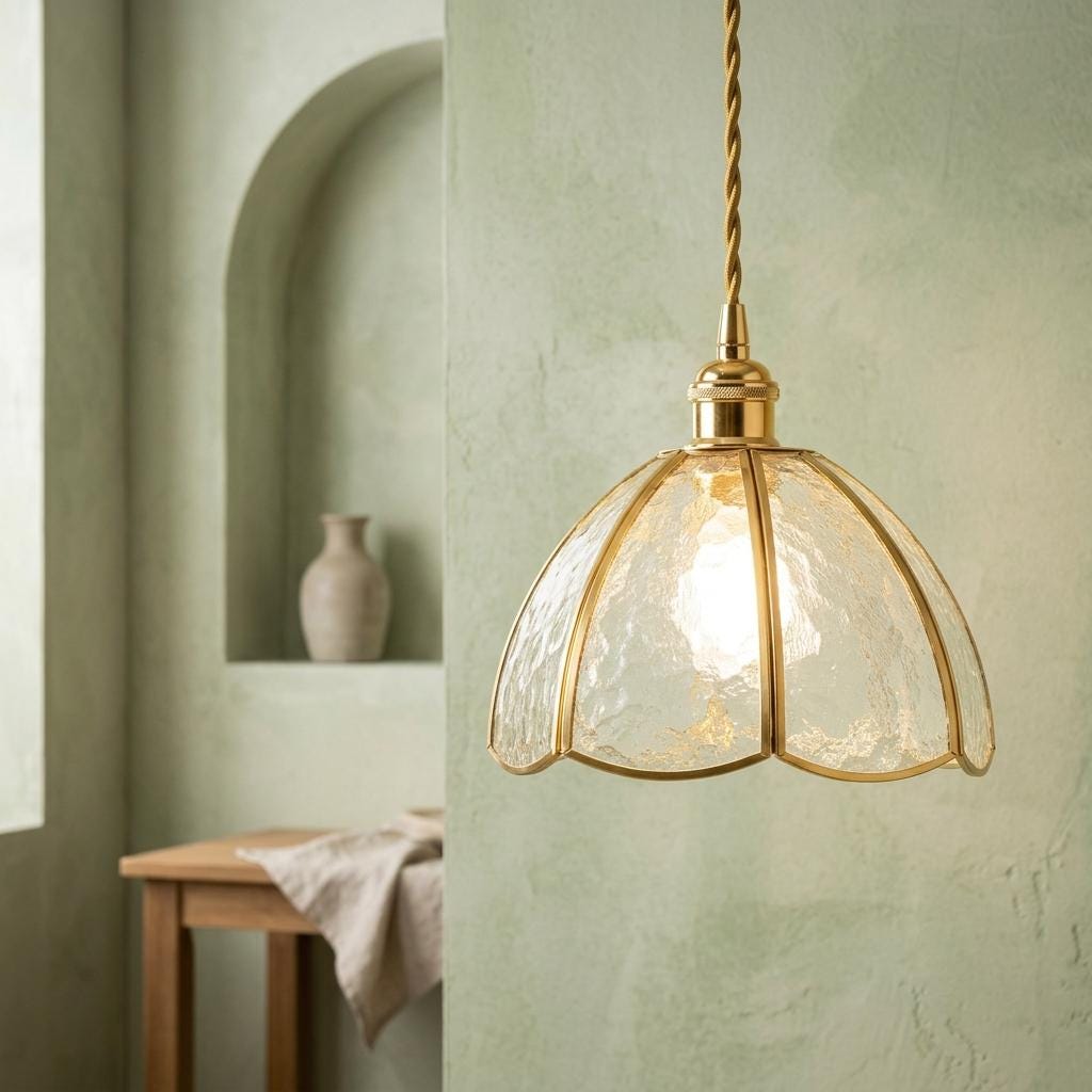 Textured Glass Scalloped Dome Pendant Light, Vintage Brass Tone Fixture