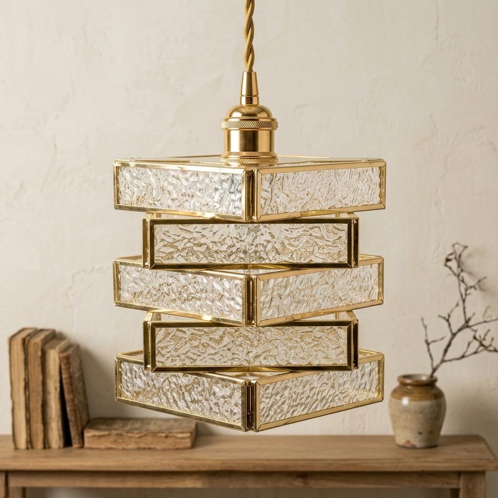 Gold Textured Glass Pendant Light, Square Stacked Geometric Hanging Lamp