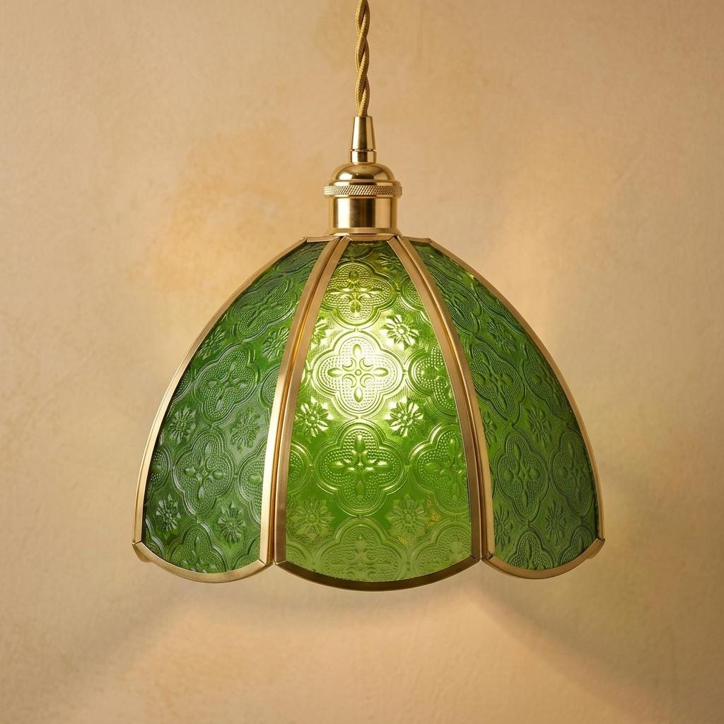 Green Textured Glass Pendant Light, Floral Dome Hanging Lamp, Brass Tone Fixture