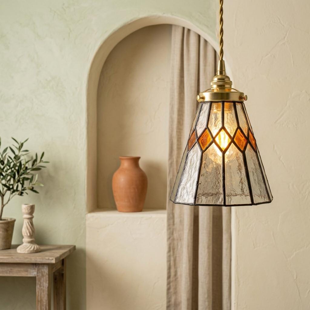 Stained Glass Pendant Light, Clear Textured Amber Diamond Shade, Vintage Kitchen Island Fixture