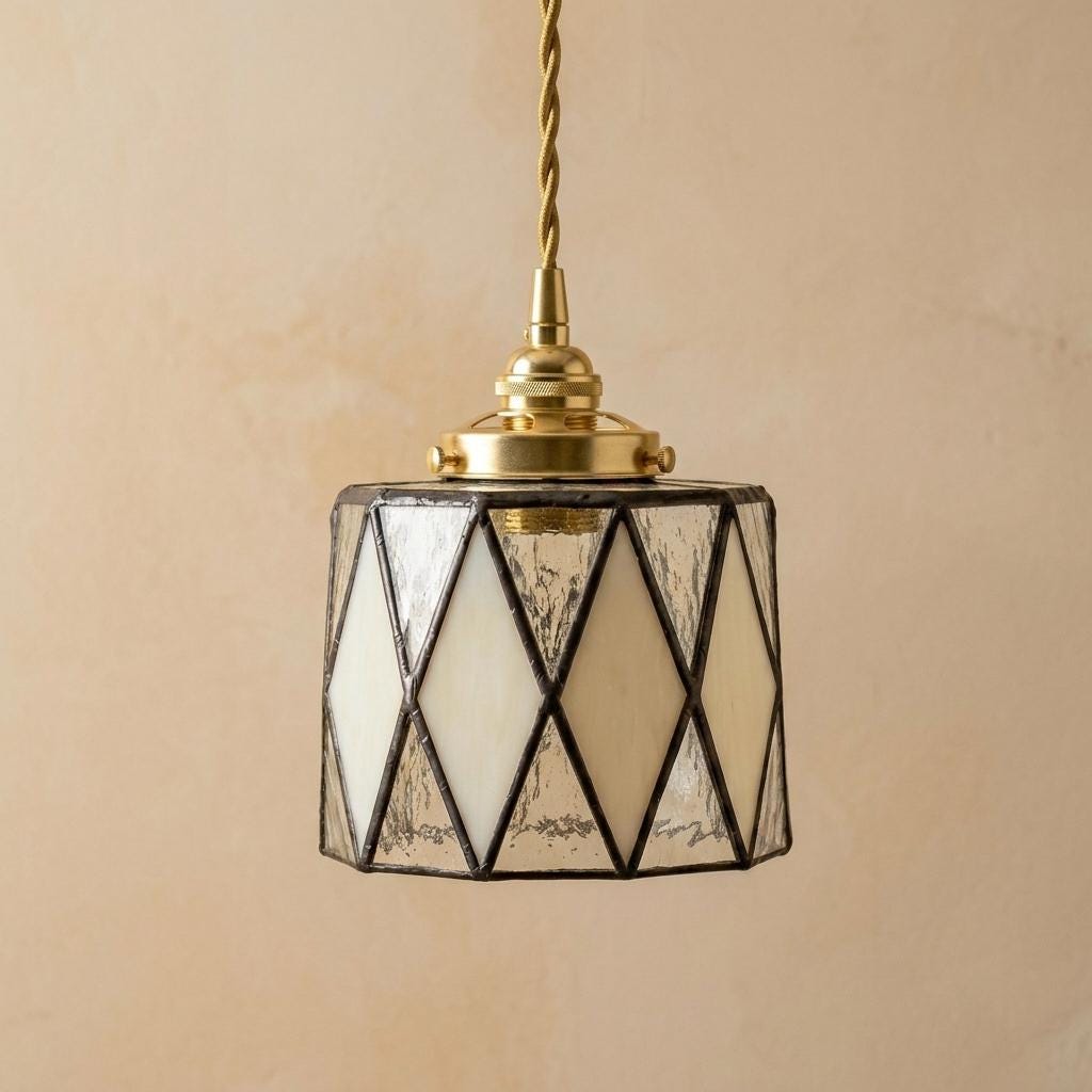 Black White Stained Glass Pendant Light, Geometric Diamond Hanging Lamp, Art Deco Ceiling Light