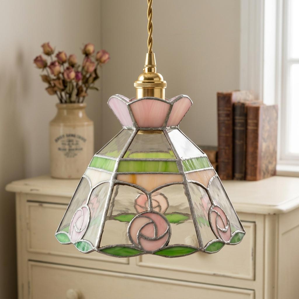 Stained Glass Lamp Shade, Pink Rose Tiffany Style Shade, Small Floral Glass Light Shade, Vintage Handmade Replacement Lamp Shade