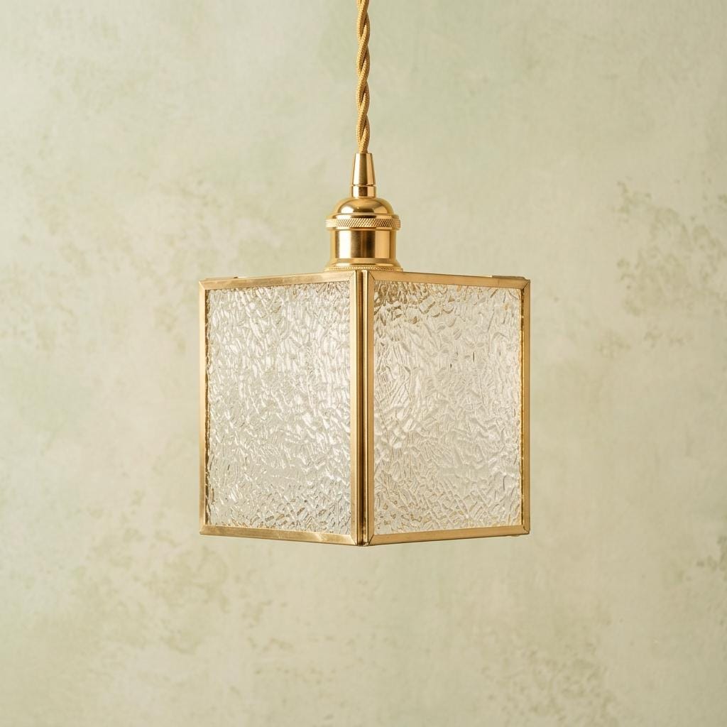 Textured Glass Pendant Light, Square Brass Tone Hanging Lamp, Vintage Style Fixture