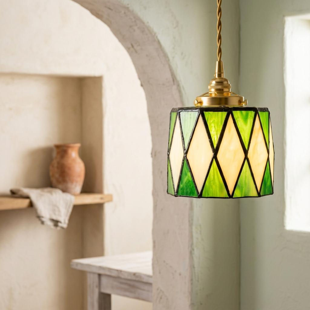Green Stained Glass Pendant Light, Ivory Harlequin Diamond Hanging Lamp, Small Tiffany Style Ceiling Light, Vintage Boho Decor