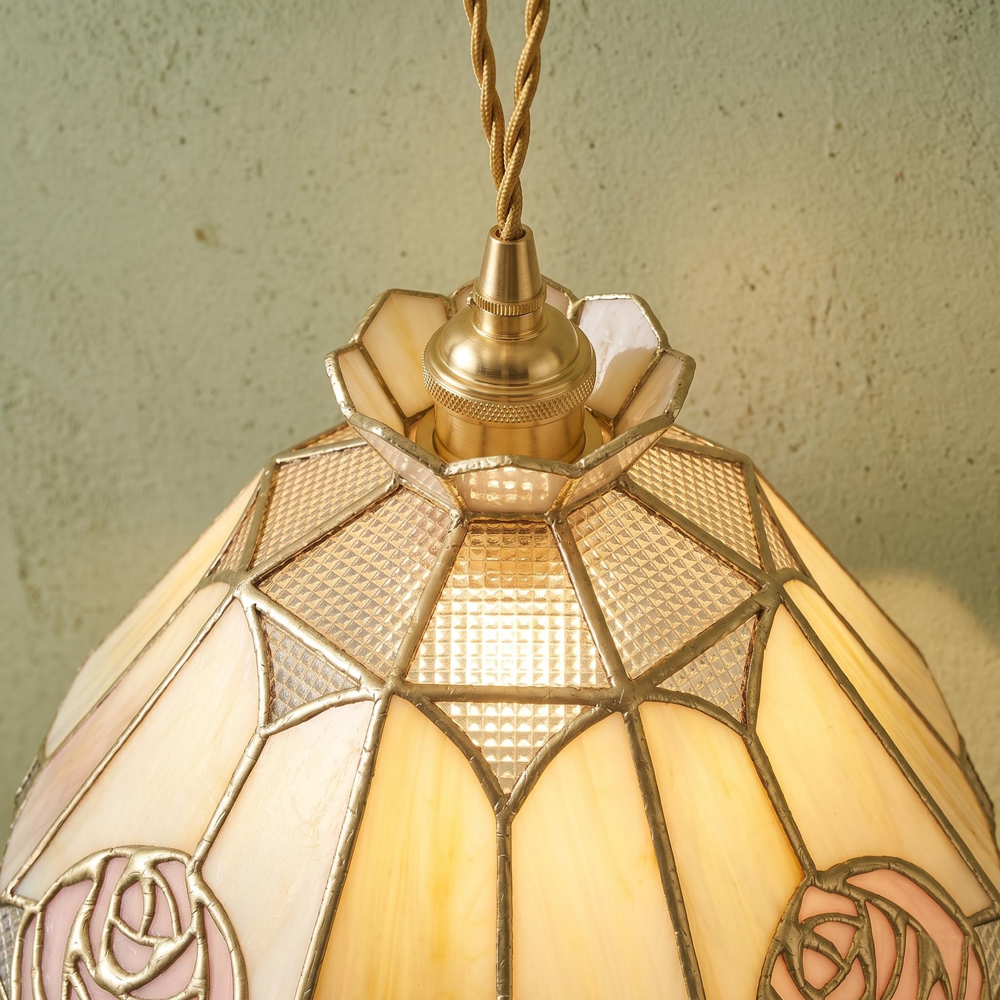 Handmade Rose Stained Glass Pendant Light, Vintage Tiffany Style Floral Hanging Lamp, Cream Pink Glass Lampshade for Cottagecore Home Decor
