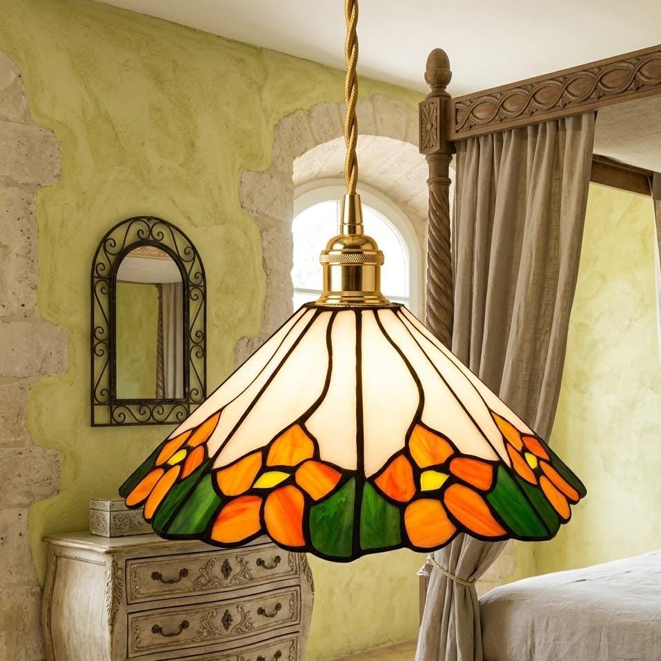 Tiffany Style Floral Pendant Light, Handmade Stained Glass Hanging Lamp, Orange Flower Cottagecore Ceiling Light