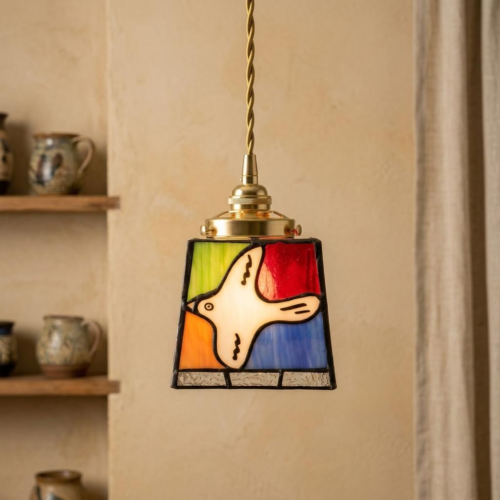 Handmade Stained Glass Pendant Light, White Bird Hanging Lamp, Colorful Boho Fixture