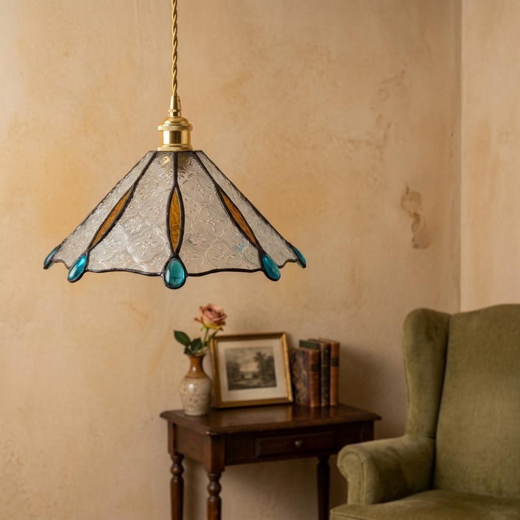 Stained Glass Pendant Light Shade, White Embossed Glass Hanging Lamp, Turquoise Teardrop Tiffany Style Small Ceiling Light