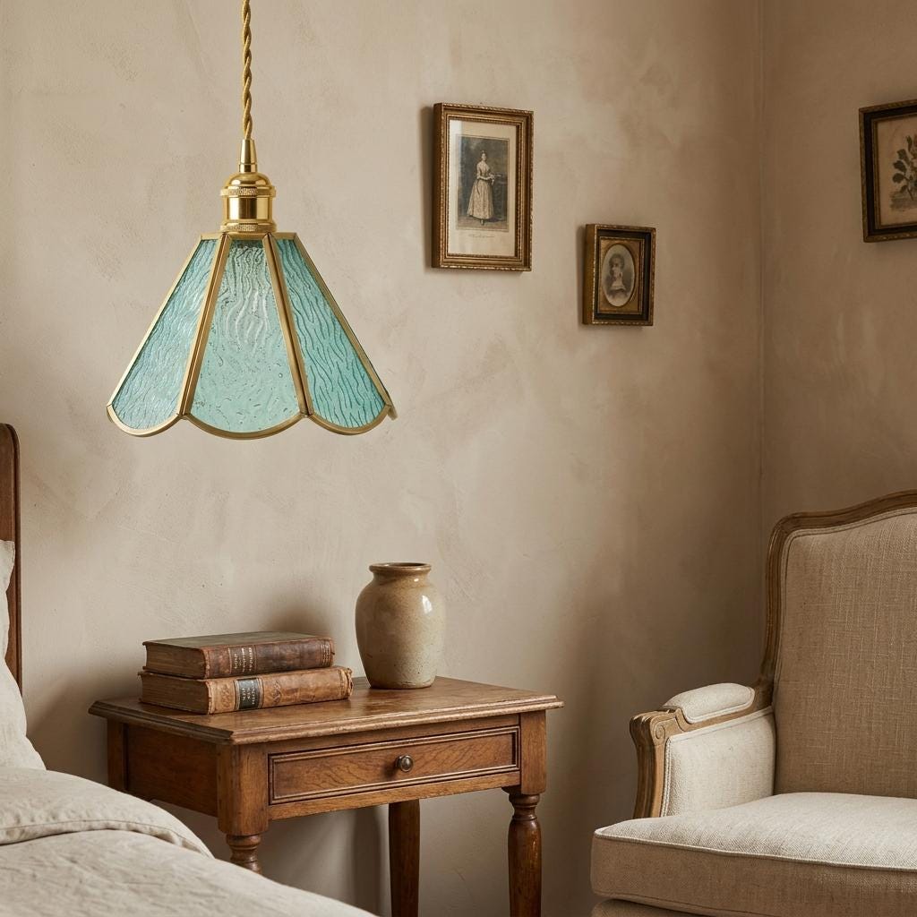 Aqua Scalloped Stained Glass Pendant Light, Coastal Cottage Hanging Lamp