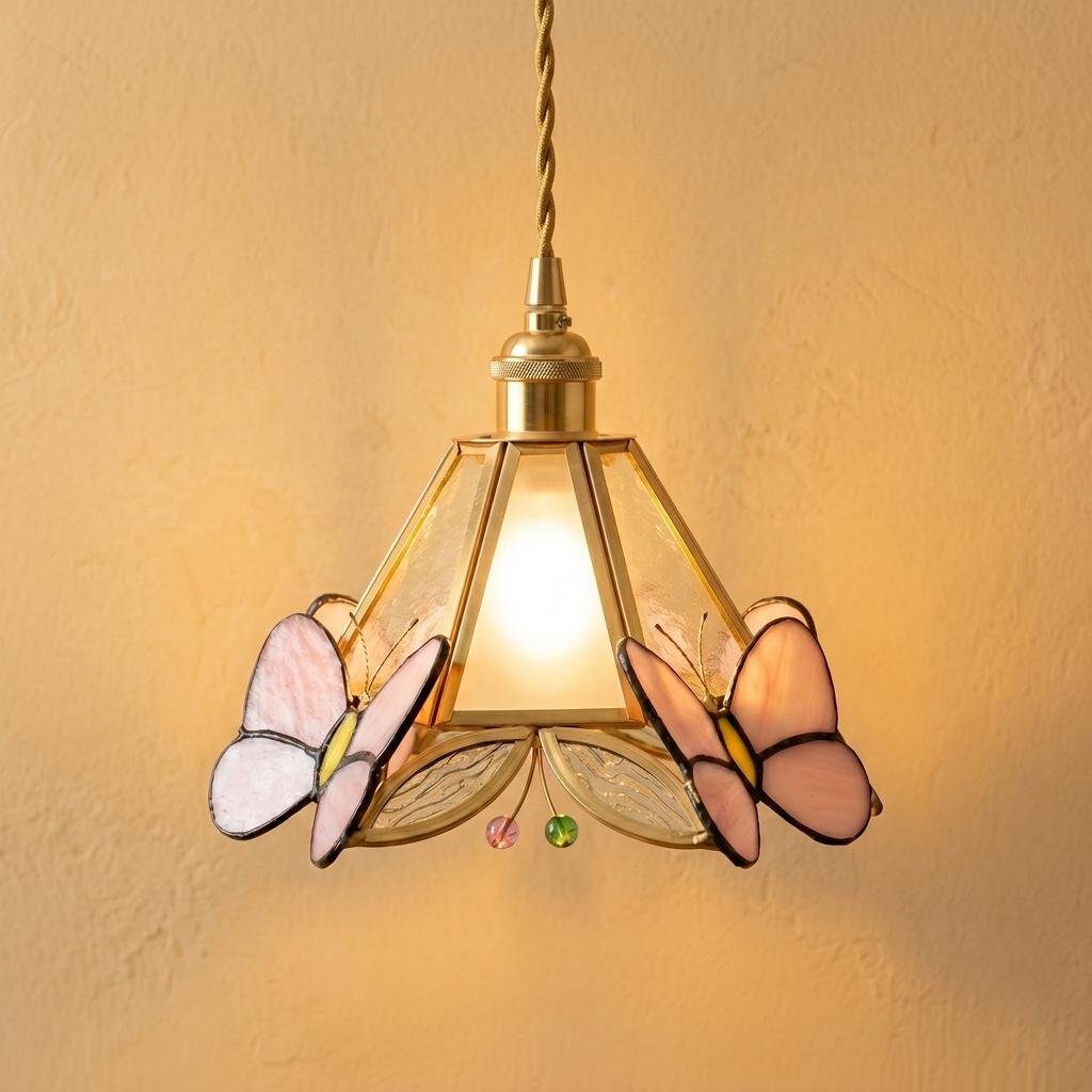 Handmade Pink Butterfly Stained Glass Pendant Light, Brass Cottagecore Decor